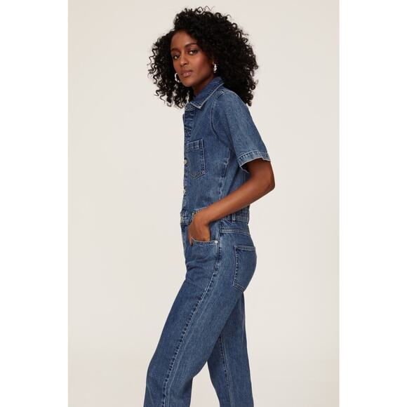 DL1961 Hannah Blue Denim Straight Leg Short Sleeve Collared Jean Jumpsuit Size L - Picture 2 of 14
